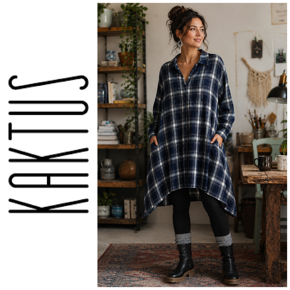 Kaktus Sz L Plaid Flannel Swing Dress Lagenlook Art to Wear Hi Low Pockets